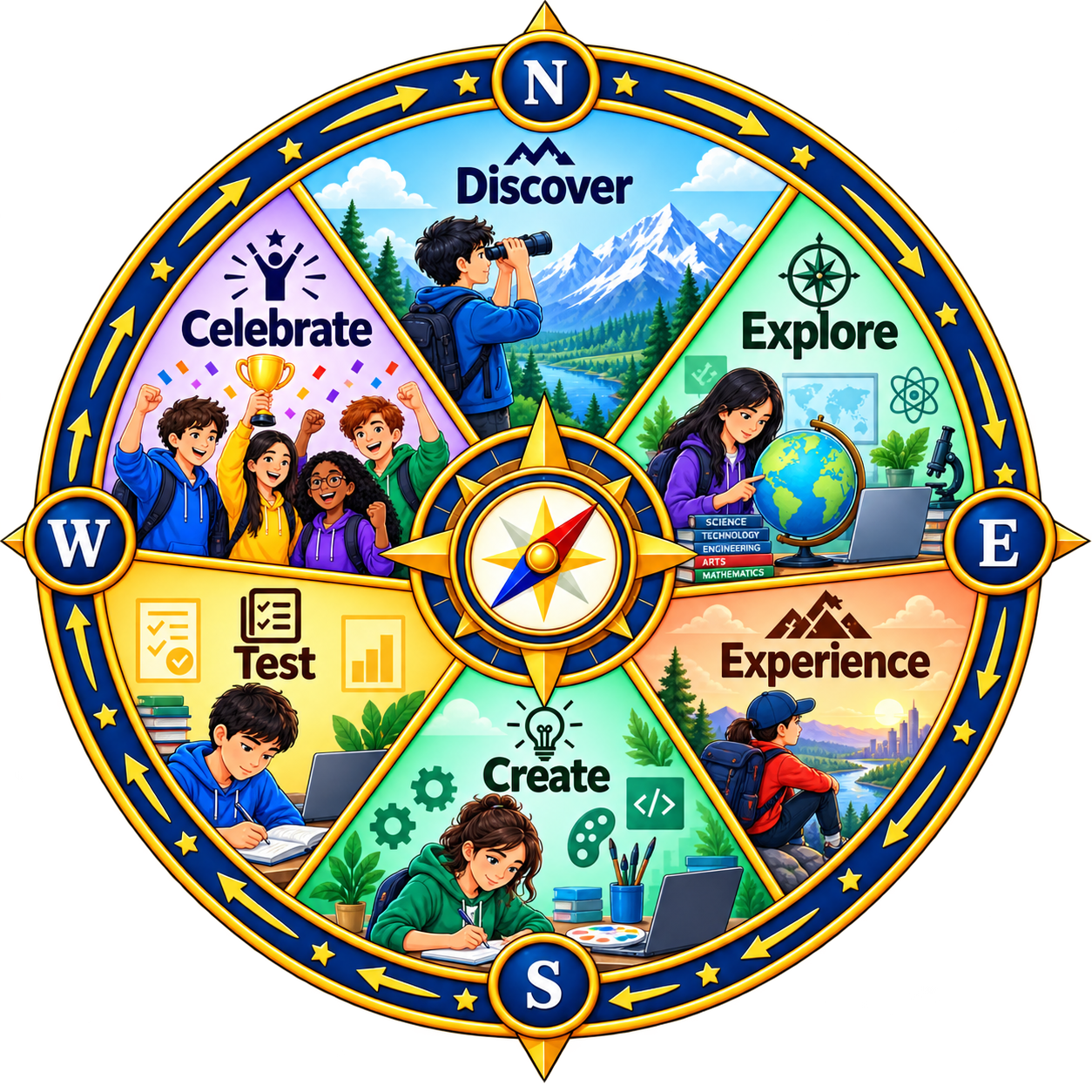 A compass wheel divided into six milestones: Discover Yourself, Explore, Experience, Create Your Path, Test and Celebrate