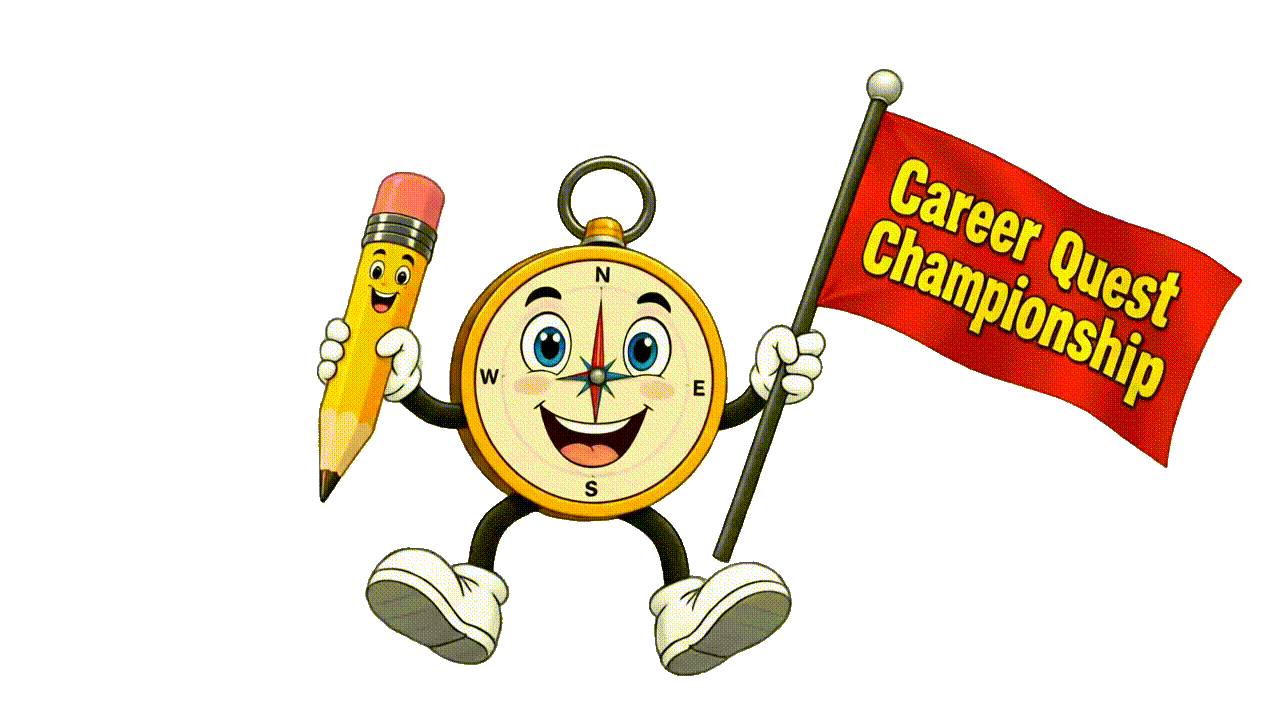 Career Quest Championship compass mascot holding a pencil and championship flag
