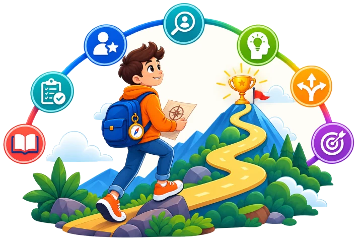 A student climbing a mountain path towards a trophy, surrounded by career skill icons